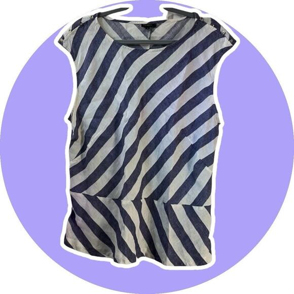 Talbots Women Linen Sleeveless Peplum Blouse Top Linen Blue Stripe 18 20 2X - Picture 5 of 11